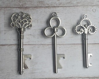 50 Key Bottle Openers - MIXED Silver Collection - Wedding Favors and Party Decorations - Antique Steampunk Key- Vintage Skeleton Keys