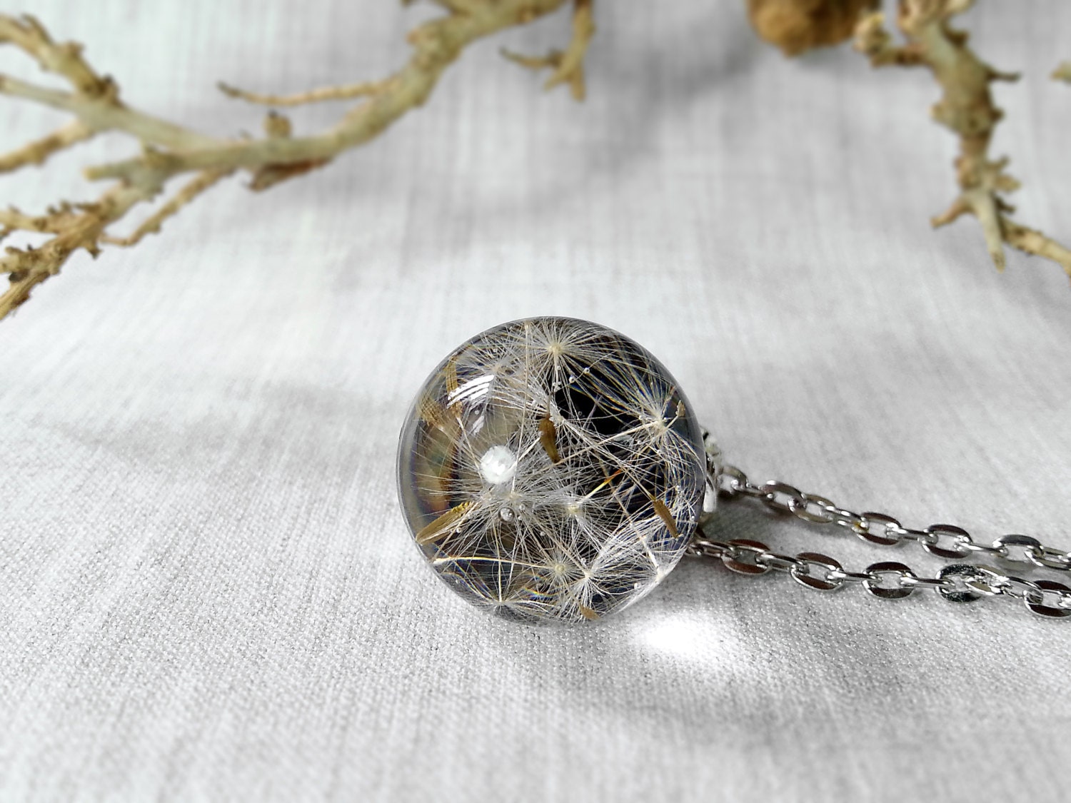 Dandelion resin sphere pendant botanical jewelry resin