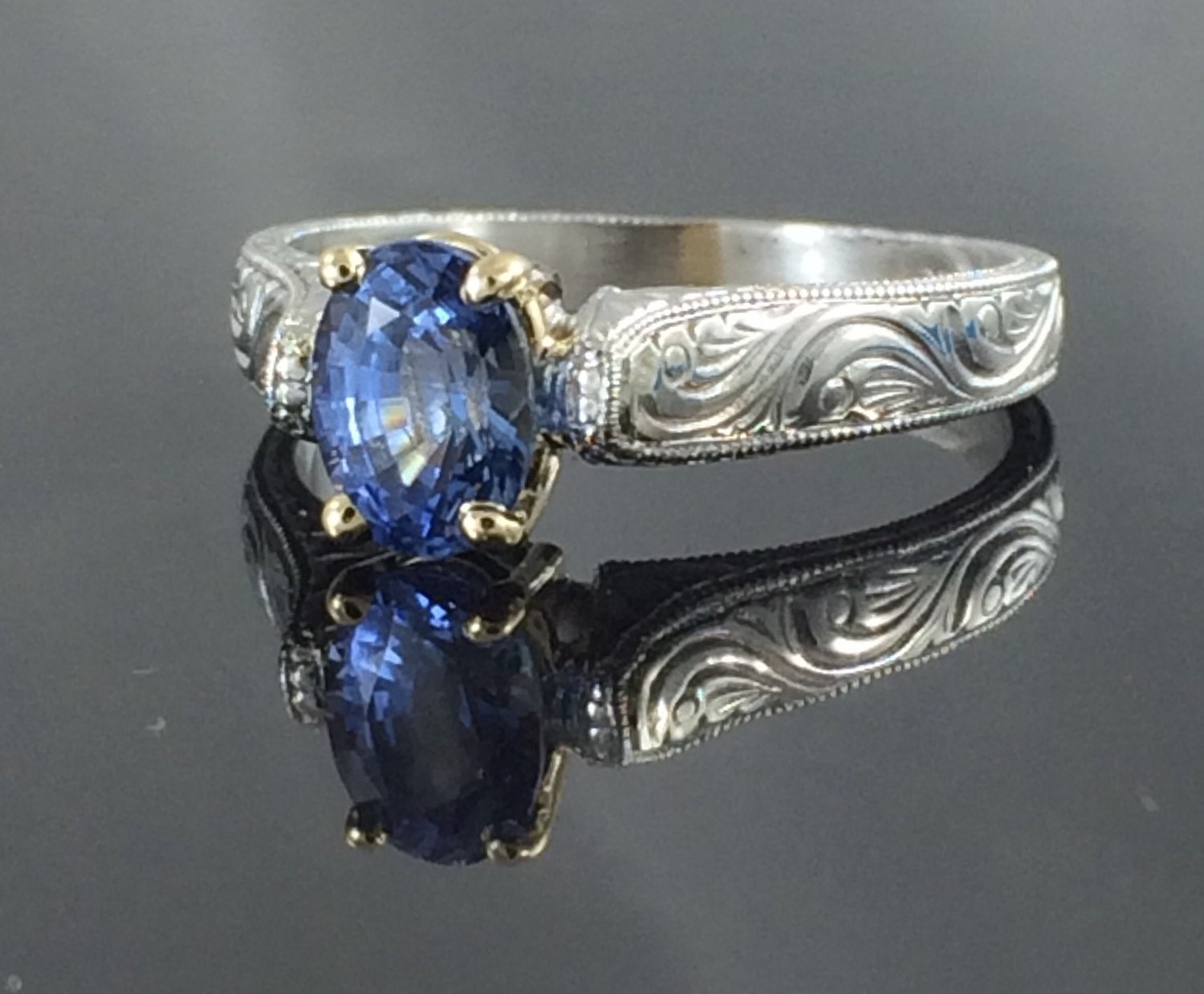 Blue Sapphire Ring In White and Yellow Gold