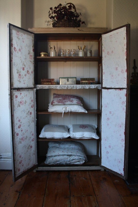Original Vintage French Linen Cupboard with Fabric Doors and