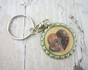 Steampunk Keychain - Valentines Gift -Steampunk Gift -Bottlecap Keyring -Steampunk Heart -Clockwork Heart -Housewarming gift -Keychain Charm
