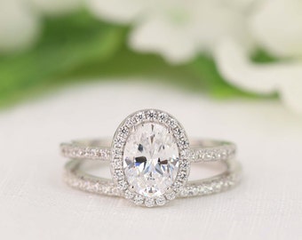 2.0 carat Halo Wedding Ring Set - Oval Cut Ring - Halo Engagement Ring - Sterling Silver