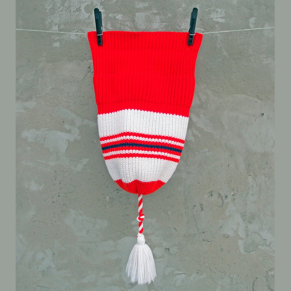 Vintage knitted beanie with tassel Red and by WithSoulAndLove