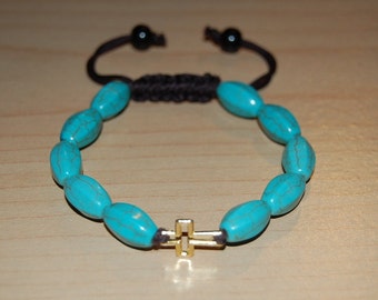 Turquoise Stone Bracelet,Golden Cross Charm,Shamballa Style Pretty Bracelet,Easy Fits,Man,Woman,Gift