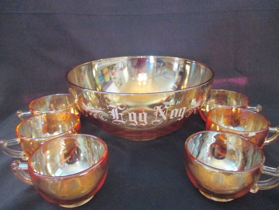 Vintage Christmas Egg Nog Punch Bowl Set by Jeannette Glass