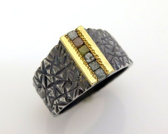 Silver signet ring, Signet ring men, Oxidized silver ring, 18k gold ring, Gold signet ring, Rough diamond ring, Hammered silver ring, Unique