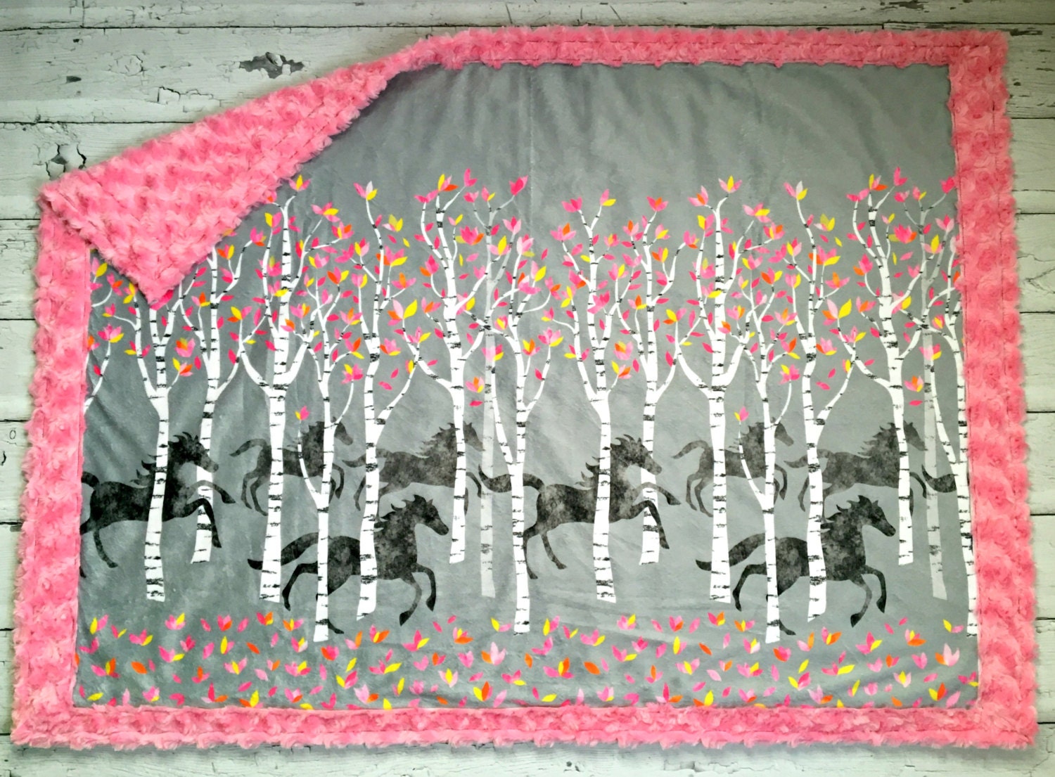 Horse Minky Baby Blanket Pretty Horses Designer Minky Pink