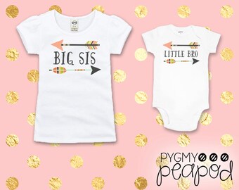 Big Sister Little Brother Big Sis Little Bro Shirt Set Arrows Baby & Toddler - Set of Two - White Bodysuit + White T-Shirt