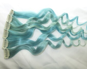 Sea Foam Human Hair Extensions, Double Wefted Clip In Hair Extensions, Pastel Hair Extensions, Ombre Hair, Pastel Teal Extensions