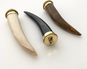 Tibetan Pendant, Long Pendant, Brass Pendant, Brown Pendant, Ivory Pendant, Black Pendant, Horn Jewelry, Tusk Pendant, Bohemian Jewelry.