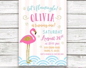 Flamingo Invitation, Let's Flamingle Invitation, Flamingo Birthday Invitation, Girl First 1st Birthday Invitation Printable, Pink and Gold