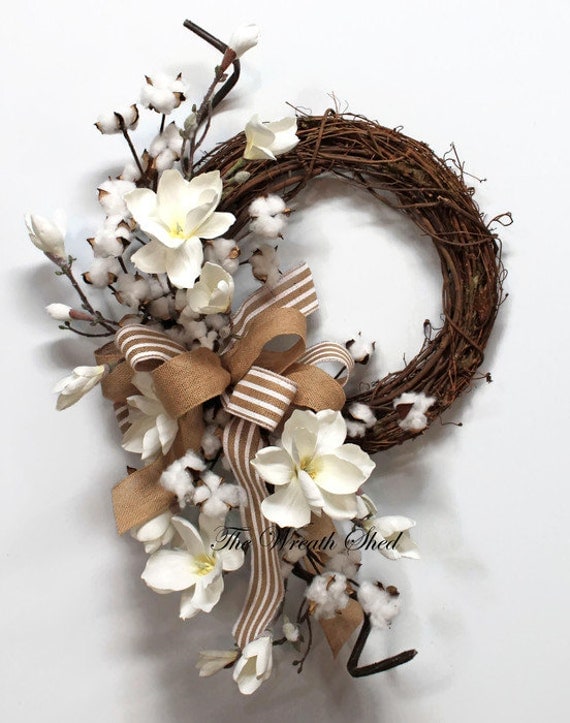 Cotton & Magnolia Wreath Cotton Boll Wreath Natural Cotton