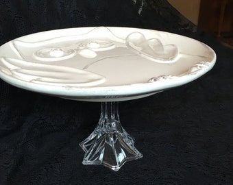 COTTAGE CHIC OWL Pedestal Dessert Plate, Owl Dessert Plate, Cake Plate, Up cycled Owl Plate