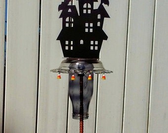 Haunted House Recycled Repurposed Upcycled Halloween Glass Garden Totem Yard Art
