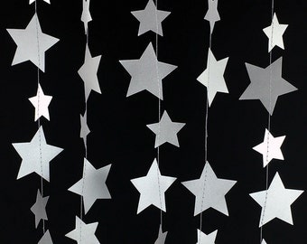 Silver Star Garland - Silver Garland, Silver Decor, Gray Paper Garland, Gray Wedding Garland, Metallic Silver Party Decorations - GS026-22