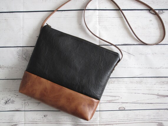 Black and tan crossbody bag vegan leather slouchy by FidelioBags