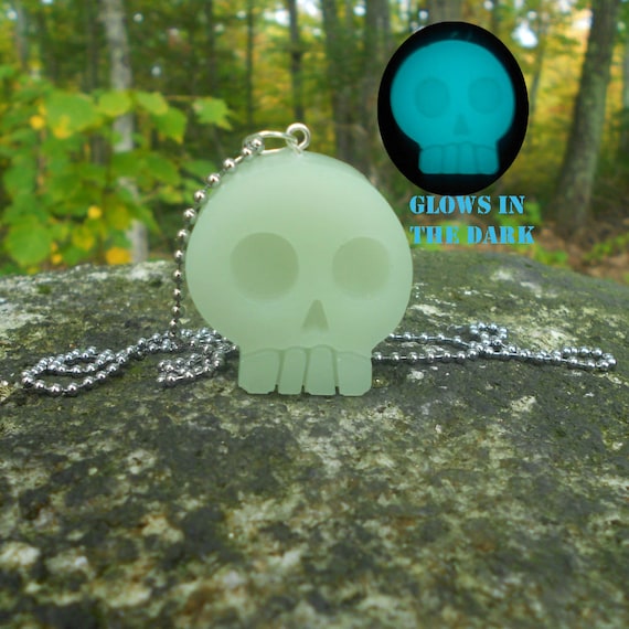 Kawaii, Pastel Goth, Resin Jewelry, Skull, Glow in the Dark, Aqua Blue, Stainless Steel, Ball Chain, Fake Leather Wax Cord