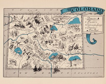 30's Whimsical COLORADO Map of Colorado State Map Print Travel Map Gallery Wall Art Library Office Decor Gift for Birthday Graduation