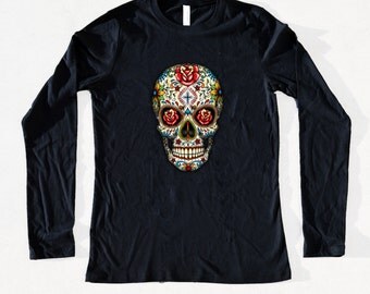 Sugar Skull Roses Women's Fashion Long Sleeve Cool Day Of The Dead Dia De Los Muertos T-Shirt