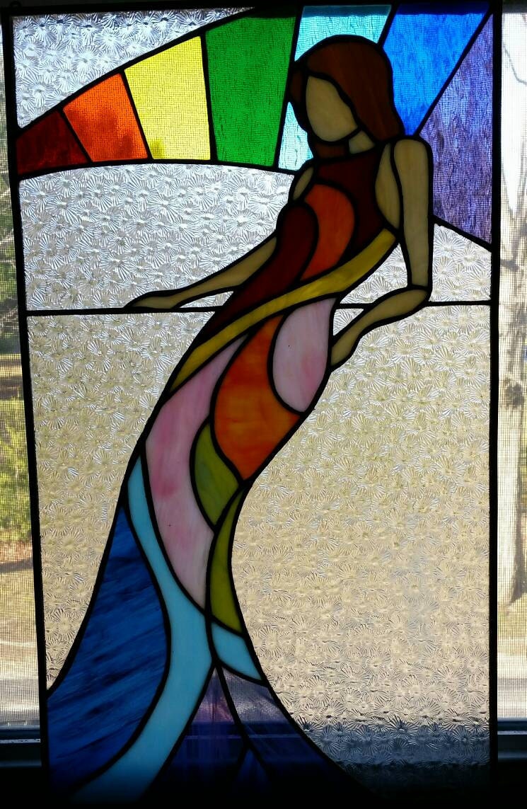 Colorful Art Deco Stained Glass Woman Panel rainbow glass art