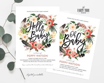 Boho Baby Shower Invitation , Oh Baby Invitation , Hello Baby Printable Baby Shower Invitation , 5x7 , Modern Baby Shower , Girl Baby Shower