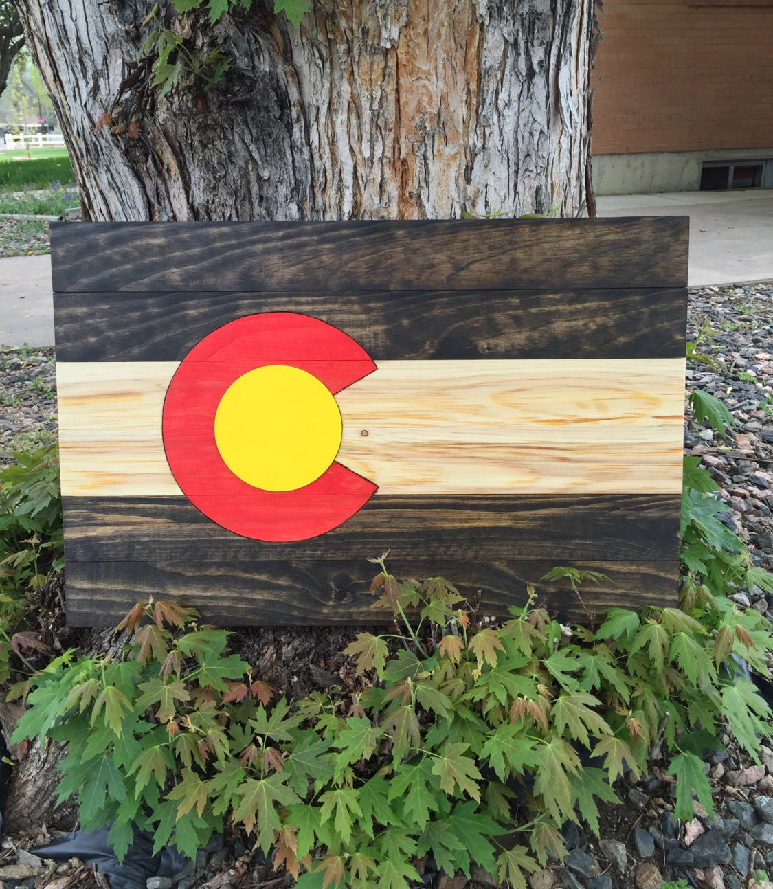 Colorado Wood Flag painted red and yellow by ClamHammerDesigns