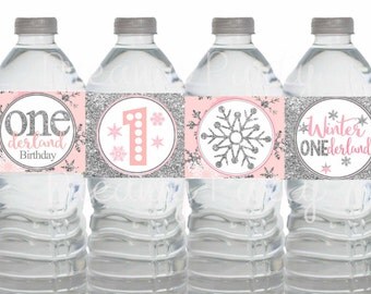 Winter ONEderland Water Bottle Labels, Pink and Silver water bottle labels, 1st birthday bottle labels, Onederland decorations Digital file.
