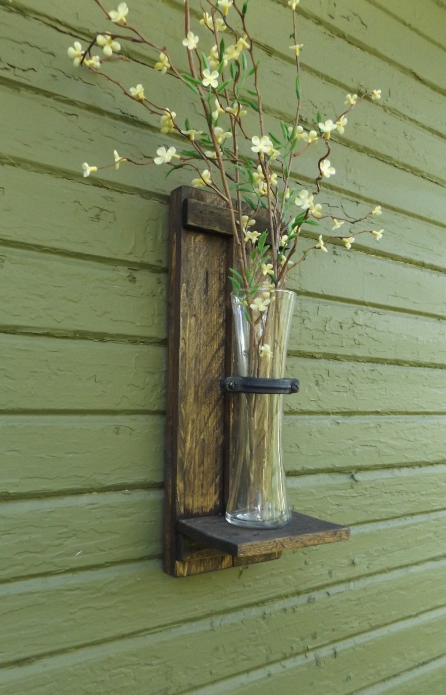 Rustic Wall Sconce. Wood Wall Sconce. Wall Vase Sconce. Vase on Wall Sconces With Flowers id=70003