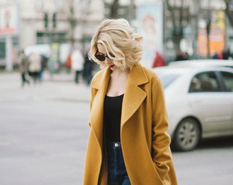 Mustard coat, wool coat, cashmere coat