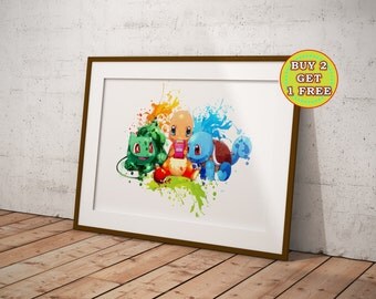 Pokemon Charmander Squirtle Bulbasaur, Pokemon Poster, Pokemon Anime,Pokemon Gifts,Pokemon, Pokemon Canvas, Anime, Pokemon Watercolor OC-674