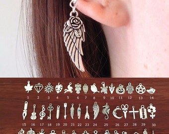 Charm Ear Cuff No Piercing, Cartilage Earrings, Dangle Clip On Earrings, Non Pierced Earrings, Silver Wing Cross Boho Feather Owl Jewelry