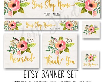 Etsy Banner Set Rustic Floral Peonies Boho Facebook Timeline Cover Business Card Premade banner, Store Graphics, Branding - EB23