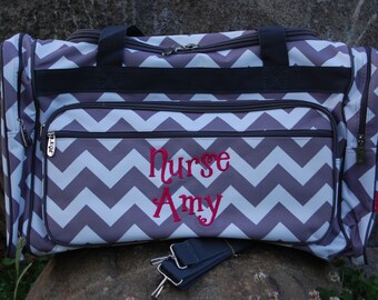 Monogrammed Large Gray Chevron Duffel- Personalized Gift-Gray Chevron Overnight Duffel-Monogram Duffel-Personalized Overnight Bag