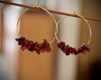 Garnet Earrings, Ruby Earrings, Crystal Earrings, Boho Earrings, Raw Stone Earrings, January Birthstone, Geode Earrings, Hoop Earrings