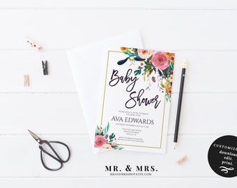 Baby Shower Invitation | Editable Baby Shower Template | DIY Instant Download Watercolor Floral Baby Shower Invitation | MAM106_I