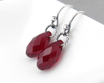 Silver Crystal Earrings Red Earrings Silver Drop Earrings Simple Jewelry January Birthstone Jewelry Birthday Gift for Her - Petite Drops