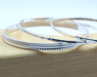 Sterling Silver Bangle Bracelet Set / Bangles Set of 3 / Twisted Wire Design Bangle Bracelet Set