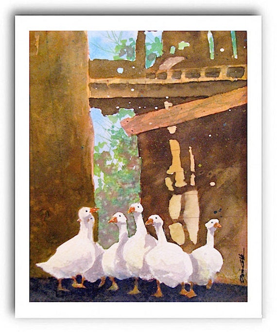 13x19 white frame Prints Farm Art Goose/Geese Six Geese White Barn