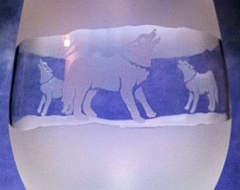 TWO Wolf hand etched American made 20 oz. wine goblet.