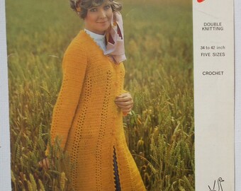 Vintage 1970s Crochet Pattern Women's Coat Long Jacket Cardigan 70s original pattern Emu No 2924 UK lacy design retro boho style