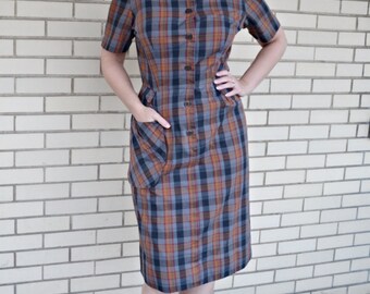 50s plaid shirt dress small, vintage Louise Suggs Lynbrook, 1950s plaid wiggle dress gray