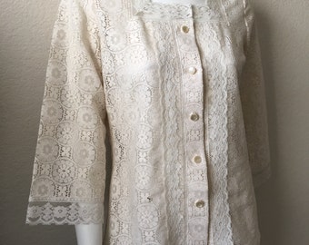 Vintage Women's 70's Boho, Lace Blouse, 3/4 Sleeve by Tumbleweeds (M)