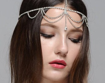 Bridal Wedding Bohemian Rhinestone Headband Head Piece Forehead Headdress Head Chain Headchain