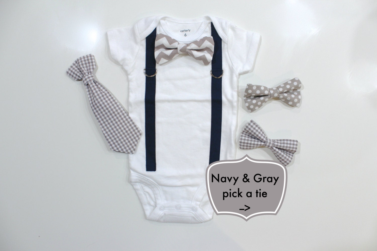 NAVY & GRAY Chevron Baby Boy Tie and Suspenders Outfit. Snap