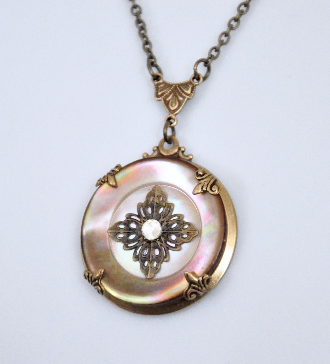 Vintage Shell Button Pendant Necklace Antique Brass Button