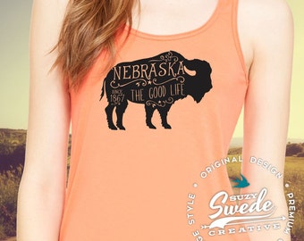 Nebraska the Good Life Buffalo Ladies Tank, Nebraska shirt, Buffalo, Bison tank top, coral, mint Flowy Racerback Tank