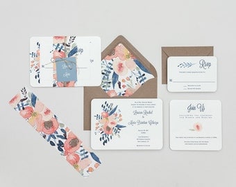 Dusty Blue and Blush Floral Wedding Invitations,Rustic Modern Floral Wedding Invitation Set,Rustic Floral Wedding Invite,Blue Floral Wedding