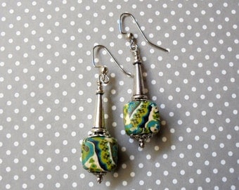 Aqua, Teal, Chartreuse and Ivory Earrings (2425)