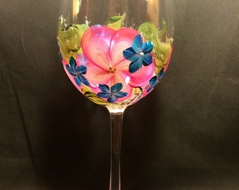 Hand Painted Wine Glass - Island Blossoms Red - Cerulean Posies