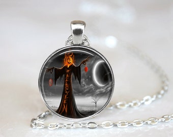 Halloween Necklace GlassTile Necklace Pumpkin Jewelry Black Necklace Glass Tile Jewelry Halloween Jewelry Holiday Jewelry Moon Jewelry